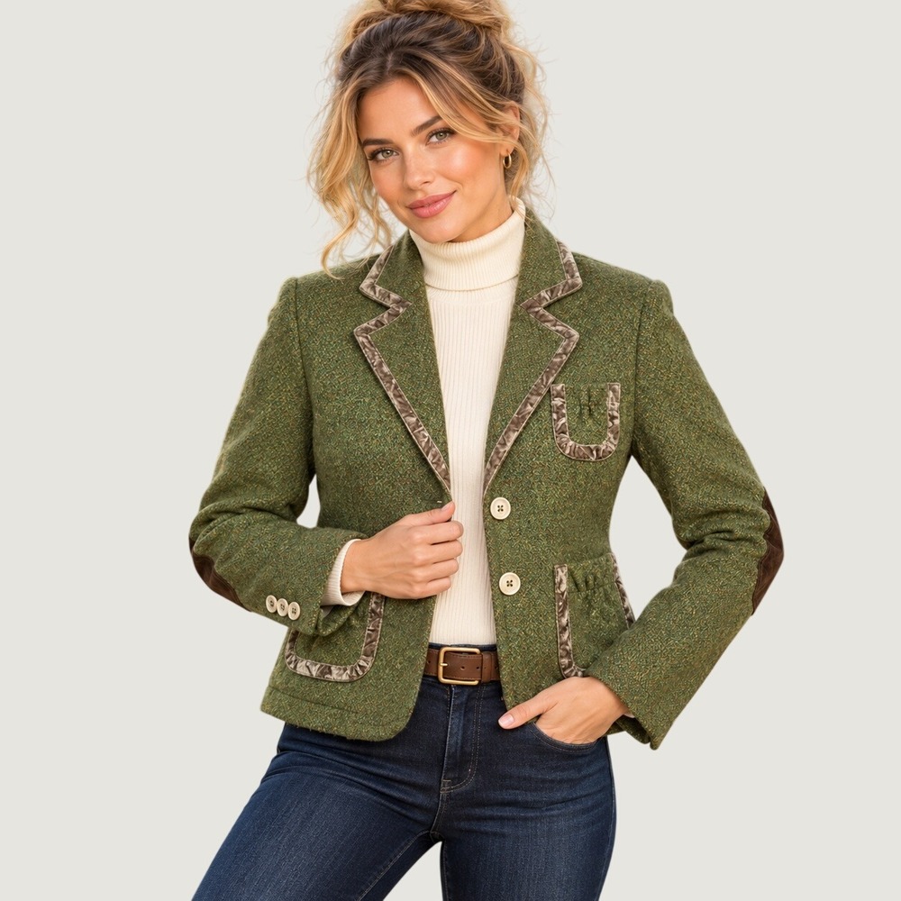 Vintage Banana Republic Wool Tweed Blazer 0 Elbow Patch Green Academia Heritage